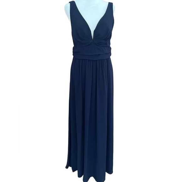 Lulu’s Ruched A-Line Chiffon Pleated Navy Blue Gown /Maxi dress size L - Picture 3 of 13